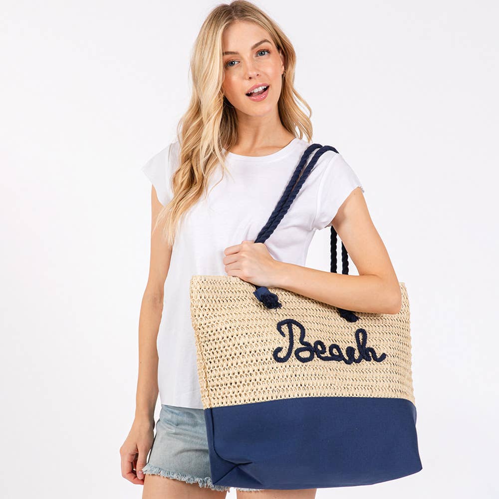 BEACH Message Embroidered Rope Handle Crochet Tote Bag