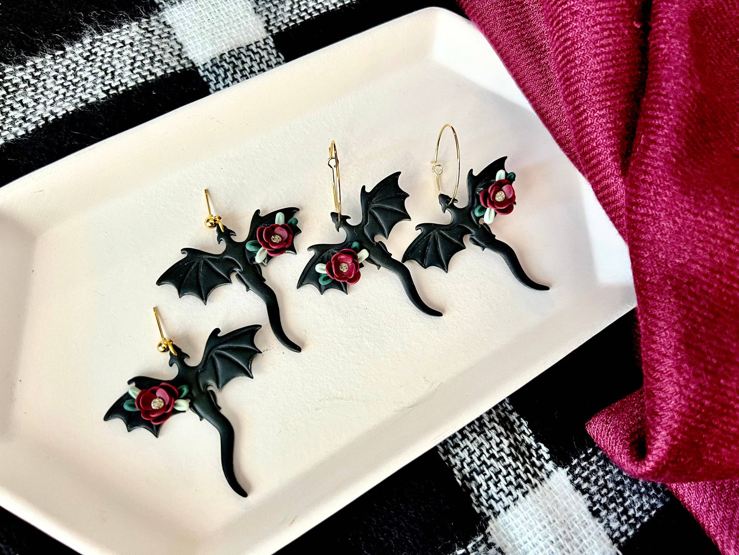 Dragon Rose Earrings, Dragon Clay Earrings