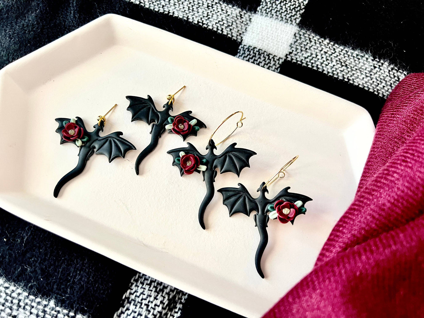Dragon Rose Earrings, Dragon Clay Earrings
