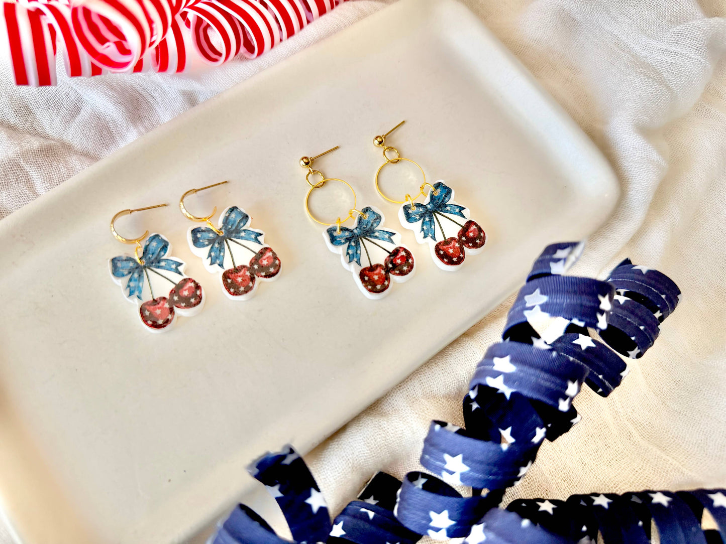 Patriotic Cherry Clay Earrings, Stars and Stripes Earrings
