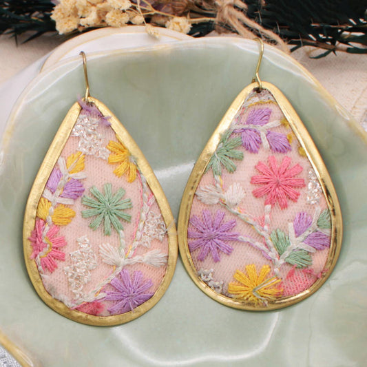 Pastel Pink Floral Embordered Earrings