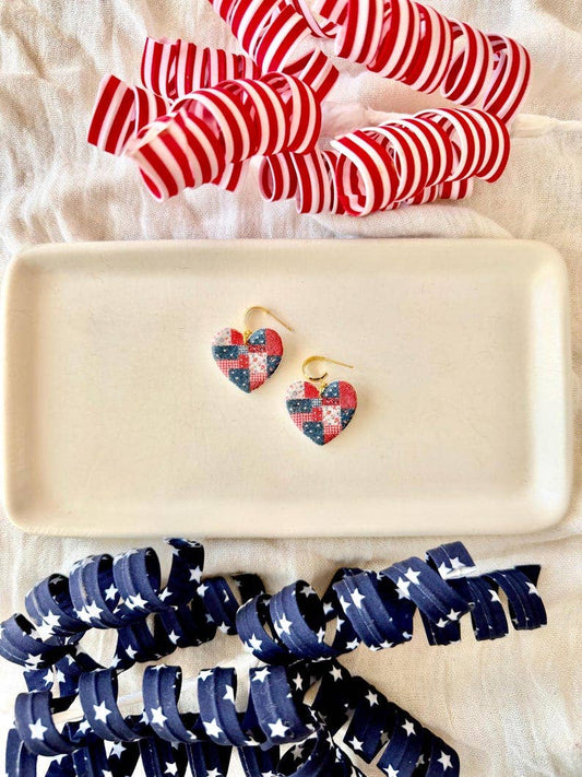 Patchwork Heart Earrings, Patriotic Heart Earrings, Heart Clay Earrings, Patriotic Earrings, July Fourth Earrings, July Clay Earrings