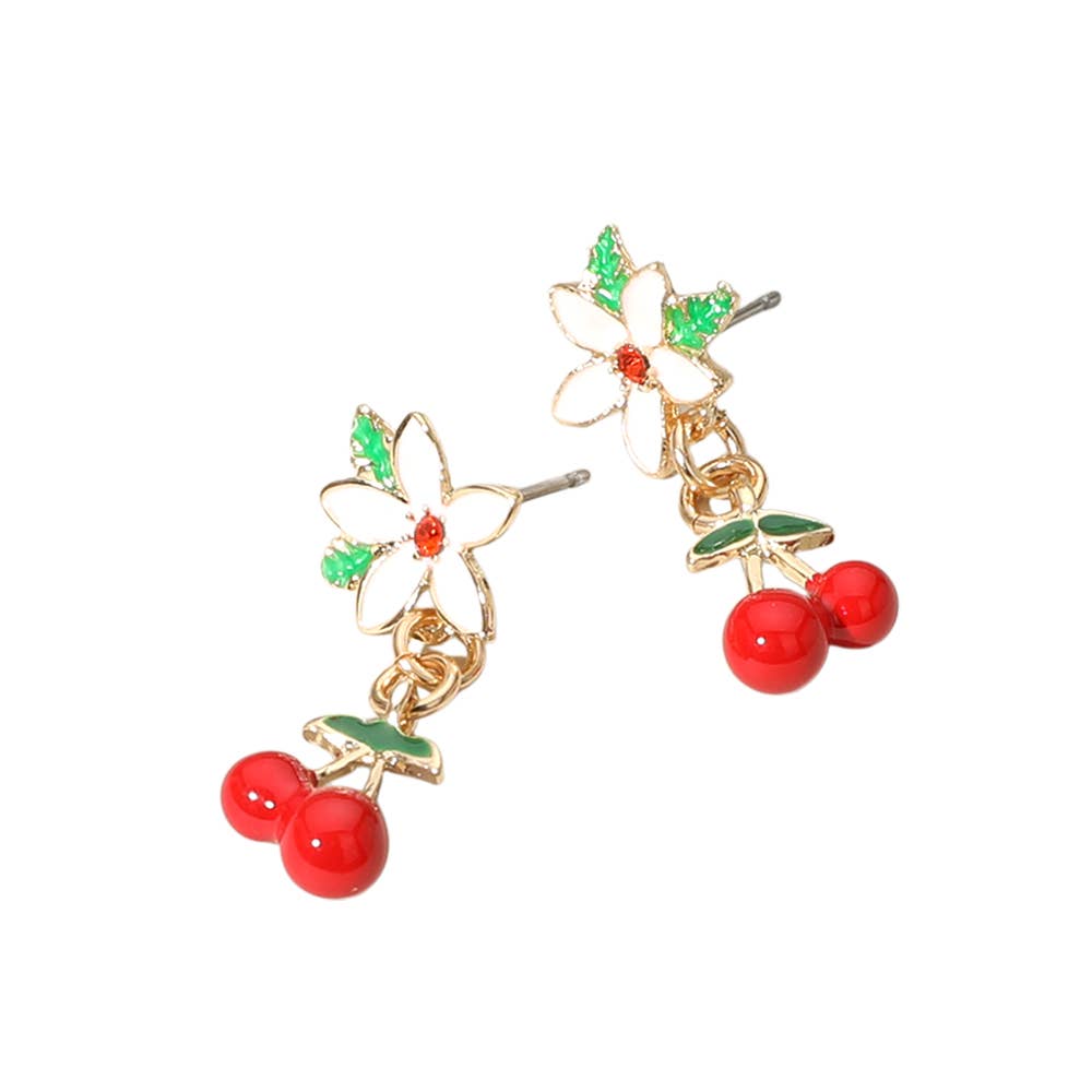Enamel Flower Cherry Dangle Earrings