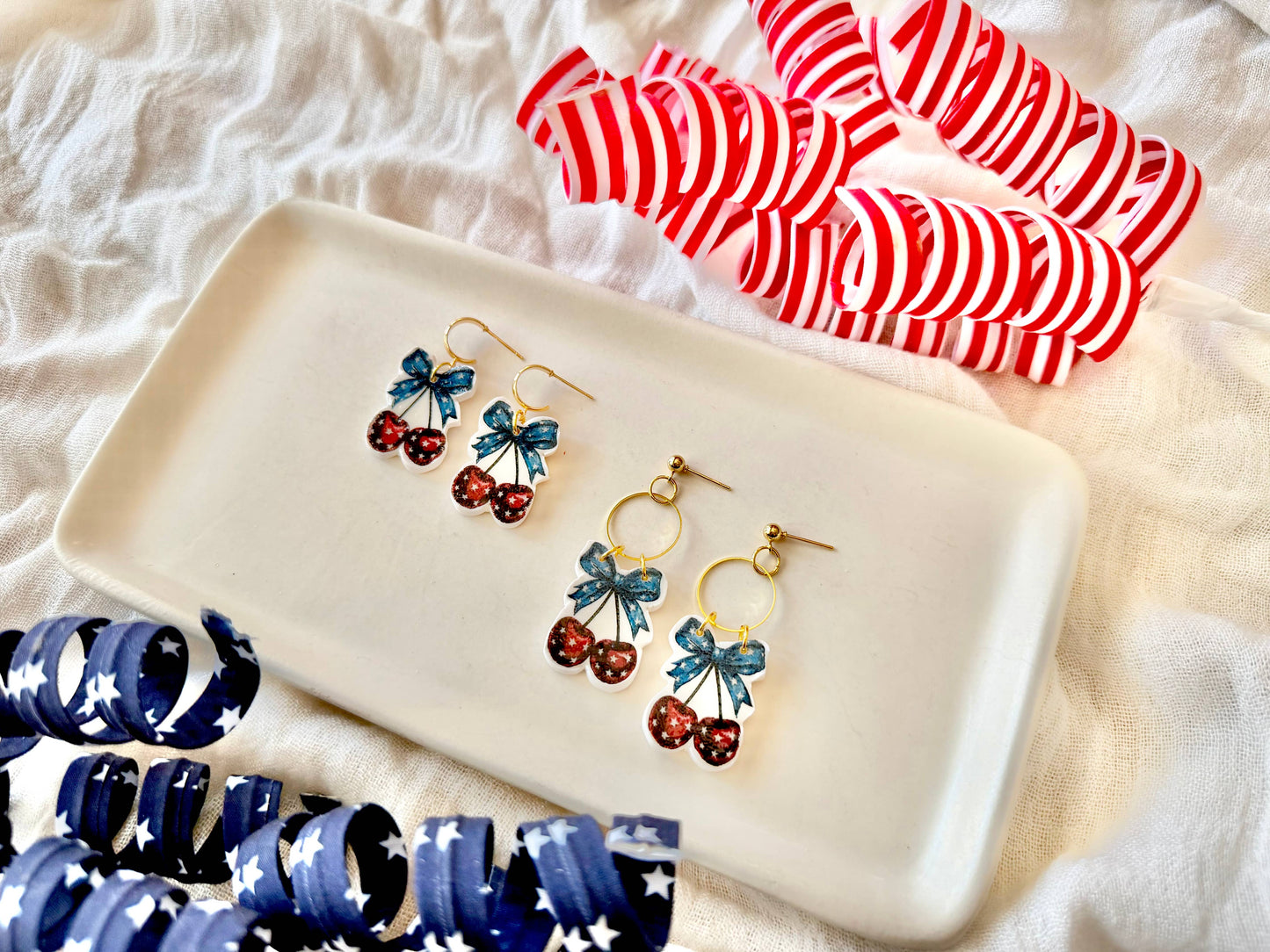 Patriotic Cherry Clay Earrings, Stars and Stripes Earrings