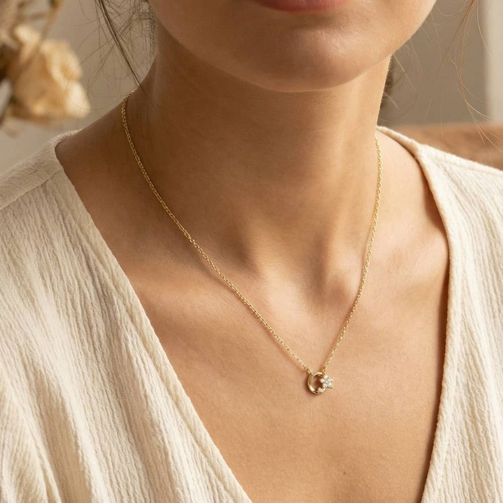 Cz Flower Circle Charm Necklace