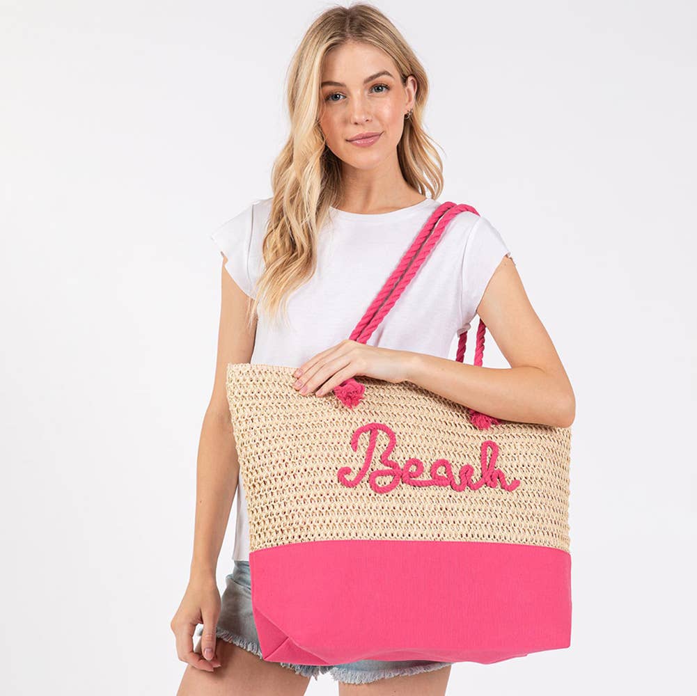 BEACH Message Embroidered Rope Handle Crochet Tote Bag