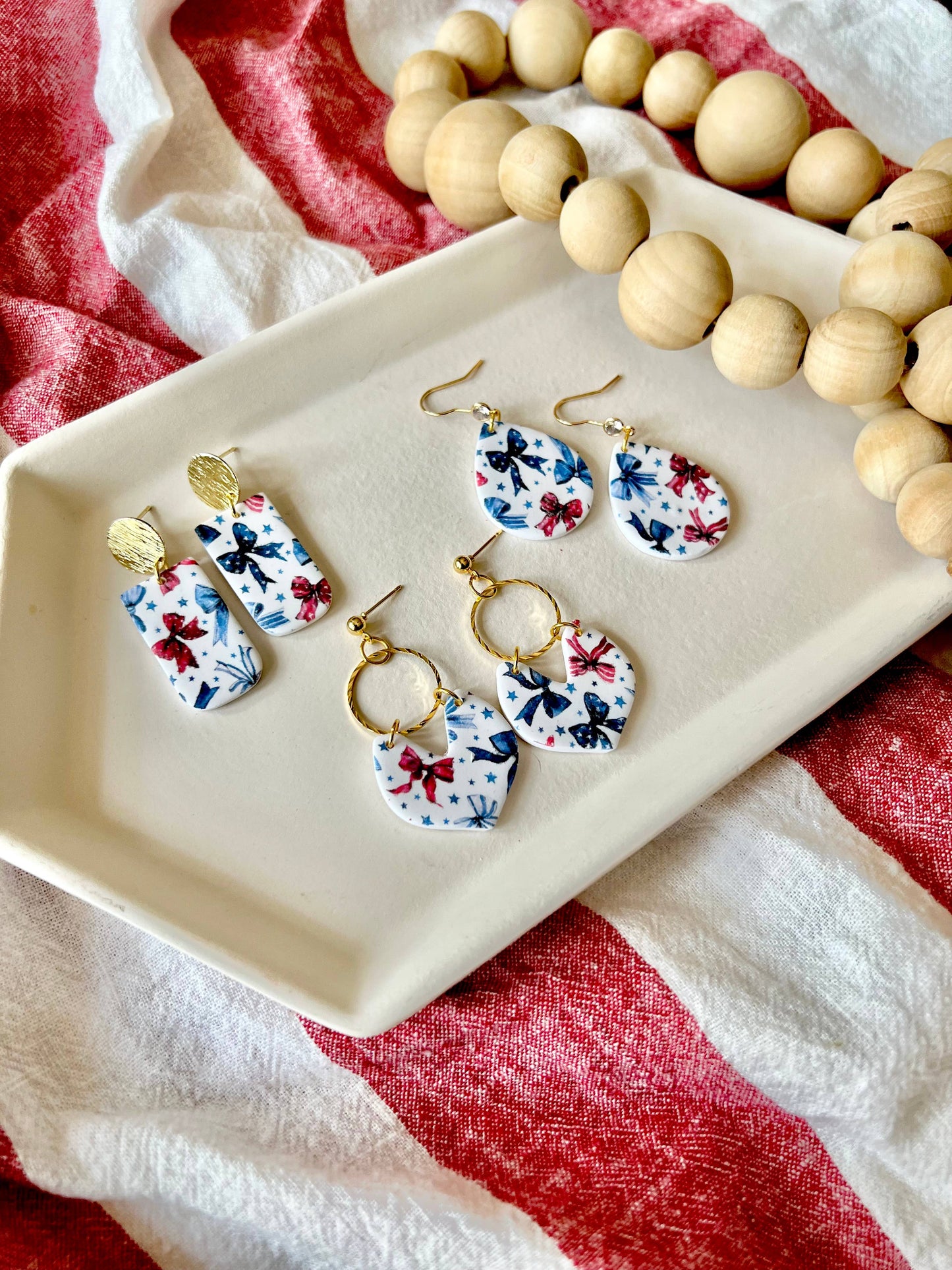 Patriotic Bow Earrings, Bow Clay Earrings