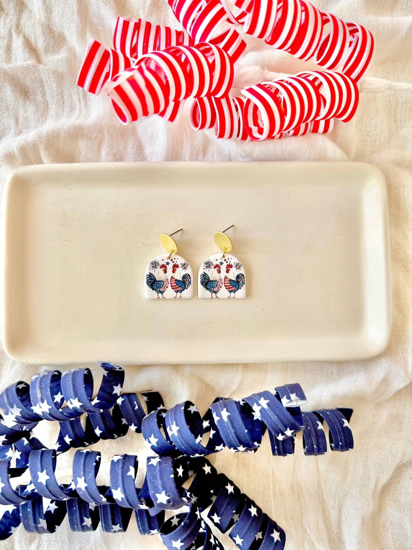 Patriotic Chicken Earrings, Chicken Clay Earrings