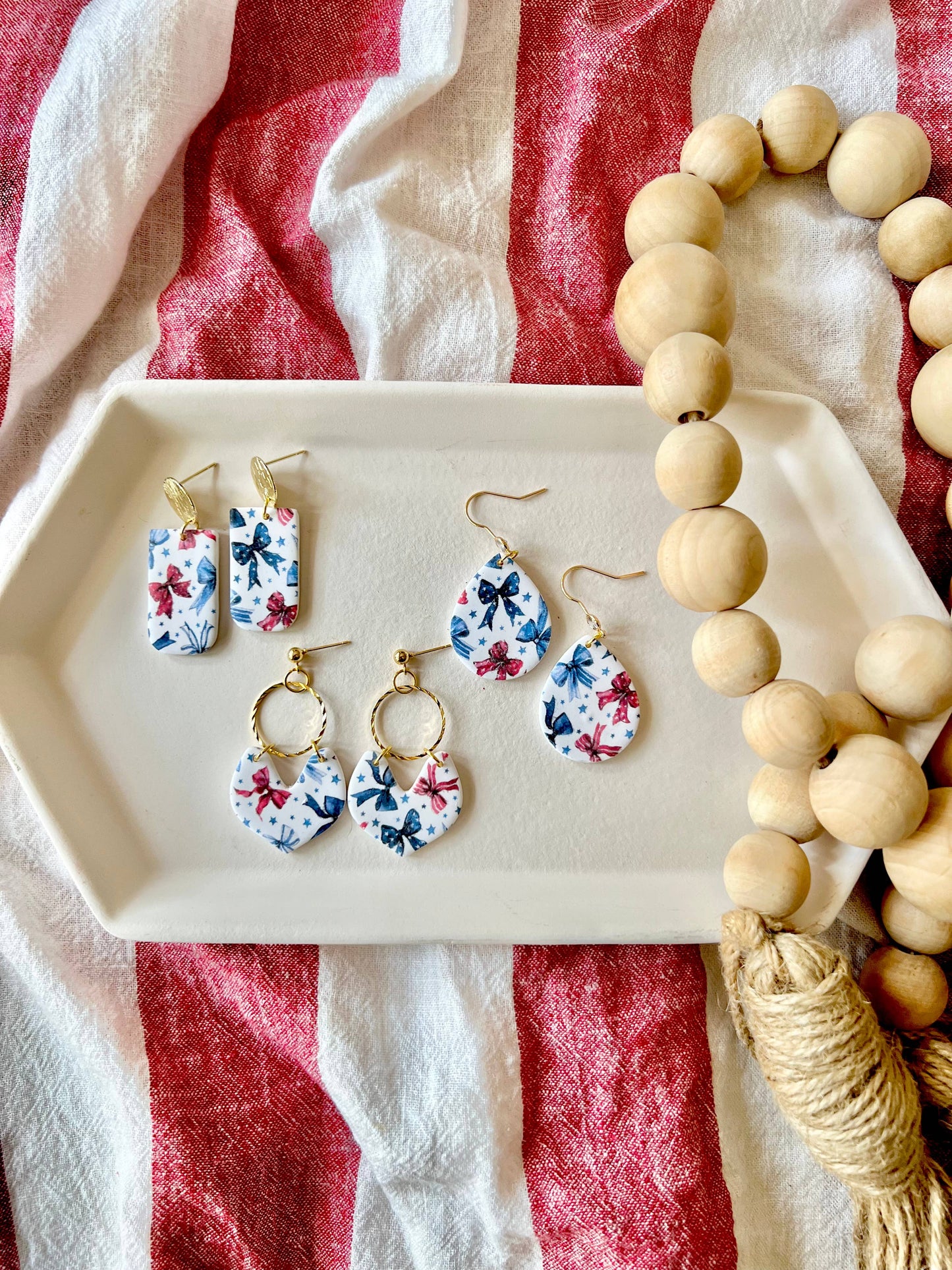 Patriotic Bow Earrings, Bow Clay Earrings