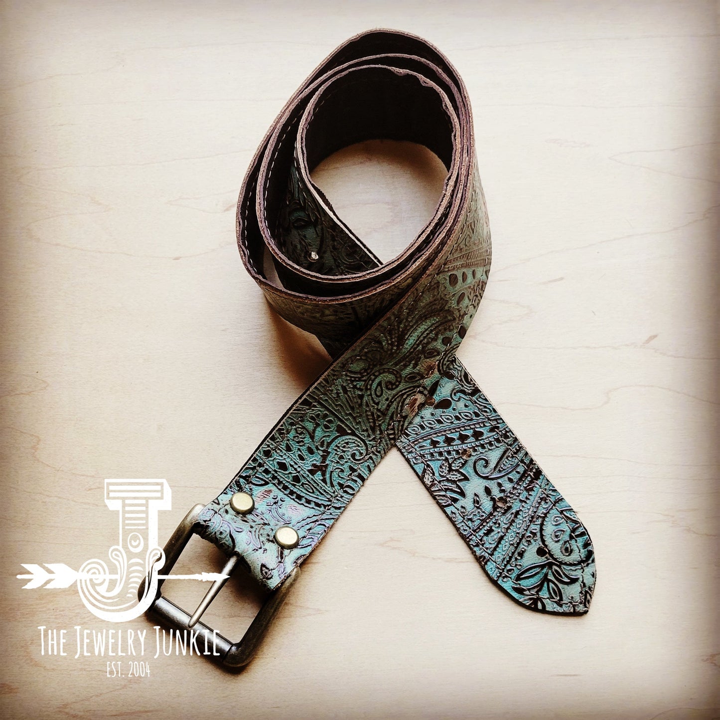 Turquoise Brown Paisley Embossed Leather Belt 903d